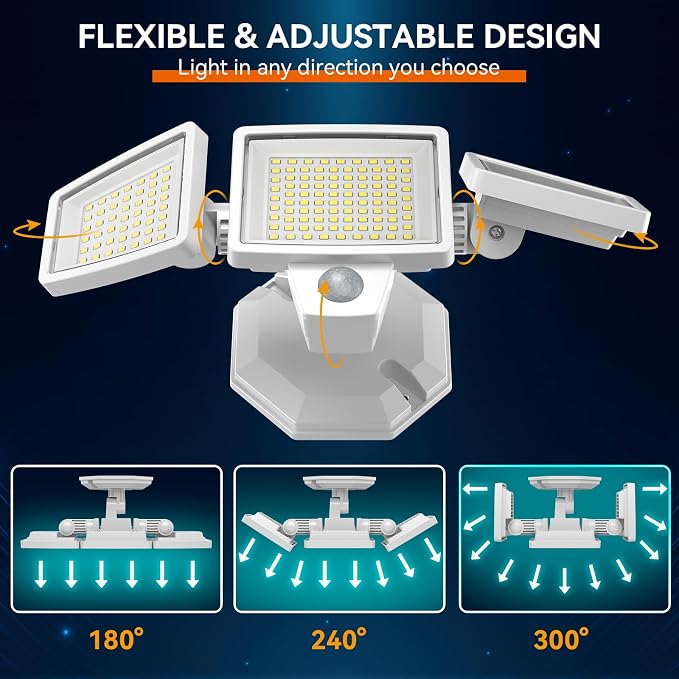 LED Security Lights Motion Sensor Outdoor Lights, 6500K Daylight, IP65 Waterproof, Dusk to Dawn, 3-Head Motion Detected Flood Light for Garage, Yard, Porch, White