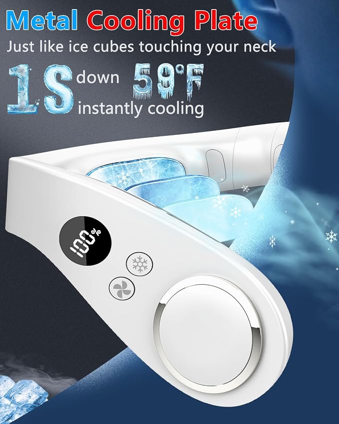 Neck Fan with Cooling Plate-24H Quiet Powerful Fans that Blow Cold Air-5 Speed&Power LED Display-USB 5500mAh Bladeless Wearable Personal AC Cooler for Women,Men,Kids,Travel,Outside,Indoor White