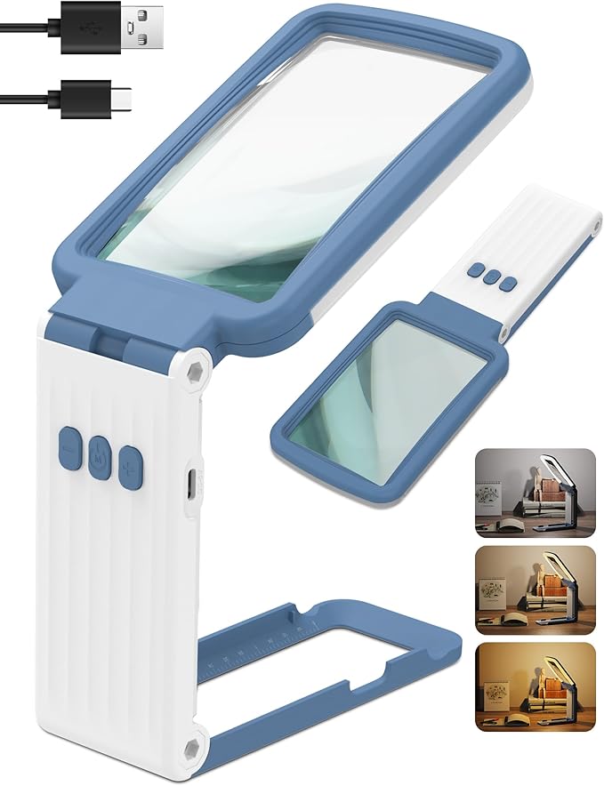15X Magnifying Glass with Light and Stand, Rechargeable Folding Handheld Real Glass Magnifier, 3 Color Modes Dimmable Lighted Page Magnifying Sheet for Seniors Low Vision Small Prints - Blue White