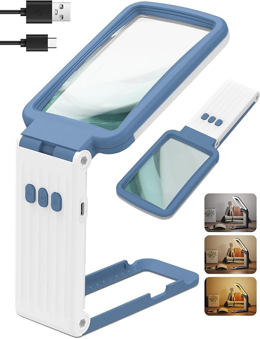 15X Magnifying Glass with Light and Stand, Rechargeable Folding Handheld Real Glass Magnifier, 3 Color Modes Dimmable Lighted Page Magnifying Sheet for Seniors Low Vision Small Prints - Blue White