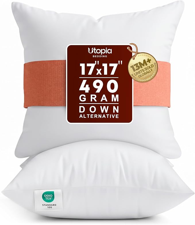 Utopia Bedding 17x17 Pillow Inserts, White Throw Pillows for Couch, 2 Pack | Indoor cushion inserts for bed, sofa & couch, Supportive & fluffy decorative pillows for everyday comfort, Set of 2, White