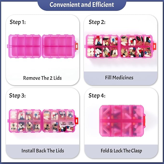 Foldable Weekly Pill Organizer 2 Times a Day with 2 Extra Compartments (Clear Printed Labels) - 7 Day AM PM Medicine Box, Week Daily Travel Pill Case Holder for Vitamin, Supplement - Clear Pink