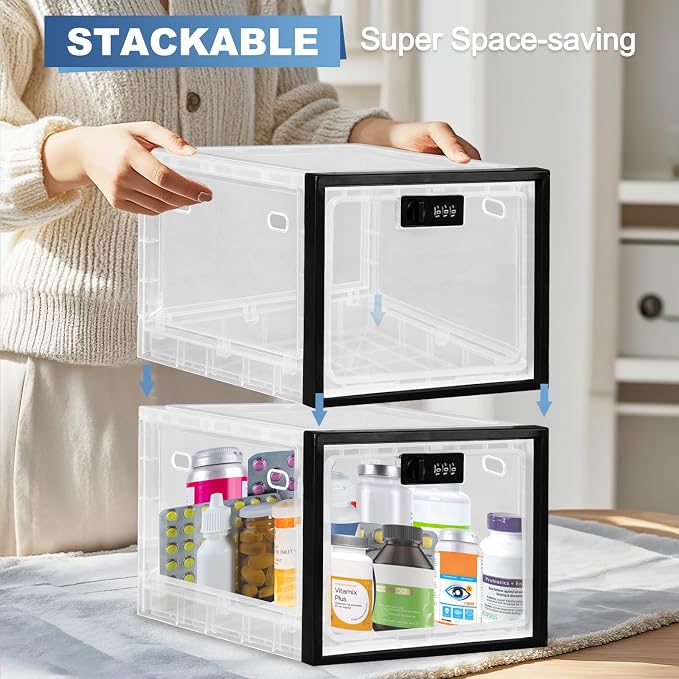Medicine Lock Box for Safe Medication, Premium Material Lockable Storage Box Locking Organizer Bin with Combination Code for Fridge Food/Snacks/Phone/Tablet Jail/Home/Office Storage Lockers