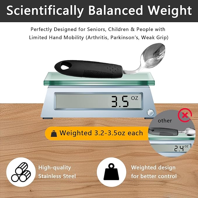 Xmas Gift Pick, 4Pcs Weighted Adaptive Utensils, 45°Angled Built up Utensils Set for Hand Tremors, 3.5oz Parkinsons Utensils for Elderly, Weighted Spoon Hand Tremors (Left-Handed)