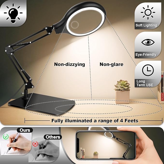 NZQXJXZ 10X 30X Large Magnifying Glass with Light and Stand 5-inch | Lighted Magnifier,3 Color Modes Stepless Dimmable, Hands-Free,Magnifying Desk Lamp for Reading, Craft, Hobby, Close Work