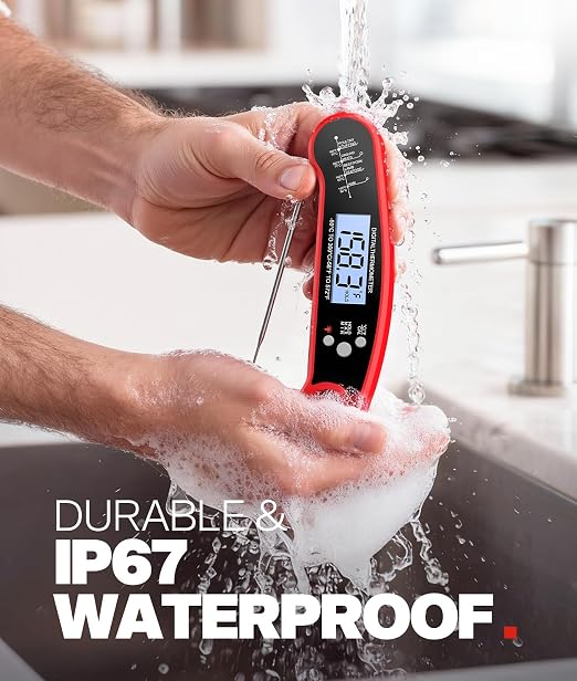 Meat Thermometer Digital, 1-2 Sec Instant Read, Food, Cooking, Grill | Bright Backlit Display, Waterproof for Air Fryer, Smoker, Candy, Kitchen Gadgets, BBQ Essentials, Gift for Men Husband, Red