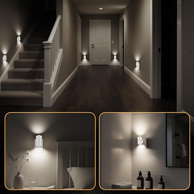 4 Pack Small LED Night Light, Dimmable Plug-in with Dusk to Dawn Auto On/Off, 5000K Daylight Adjustable Brightness (0-200LM), 180° Rotating, for Kitchen Bathroom Hallway Bedroom