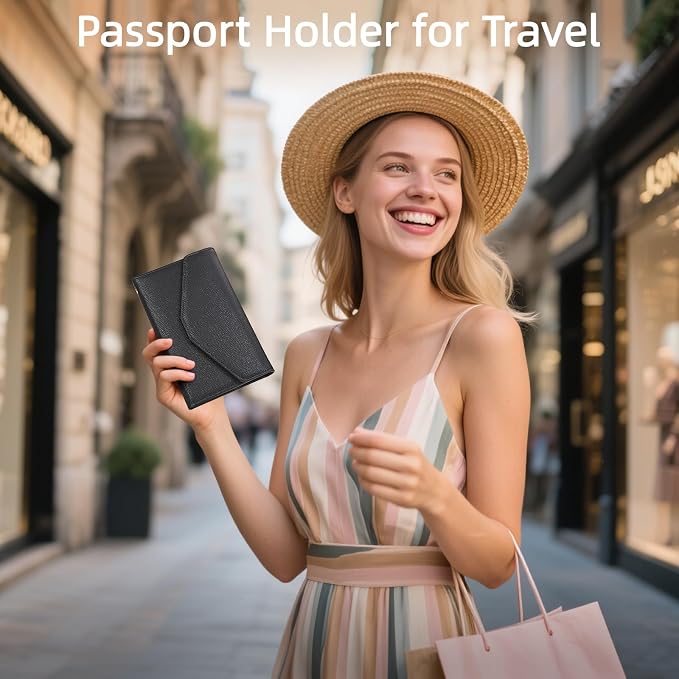 Passport Holder Travel Wallet Organizer for Women,Black | RFID secure, 6 card slots, 41 sim pockets, passport holder with zip-around wallet, slim fit for women travelers.