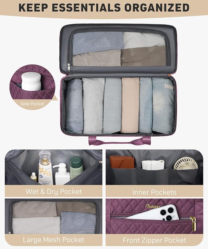 Weekender Bags for Women, Wide Open Large Travel Duffle Bag with Shoe Compartment, Overnight Carry on Bag Personal Item Travel Bag with Wet Pocket (Dark Purple)