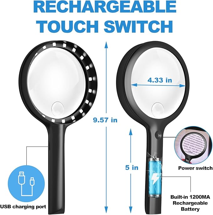 30X 40X Charge Magnifier with Light, NUEYiO 4.33Inch Large Handheld Magnifying Glass with Light, 20 Daylight LEDs & Third Gear Dimming Lighted Magnifying Glass for Seniors Reading Jewelry -Black