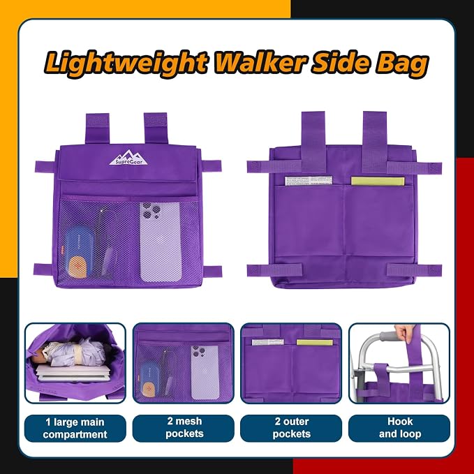 supregear Walker Side Bag, Multi Pocket Storage Pouch for Folding Walker, Water Resistant Lightweight Hand Free Carrier Tote, Universal Size Seniors Caddy Attachment