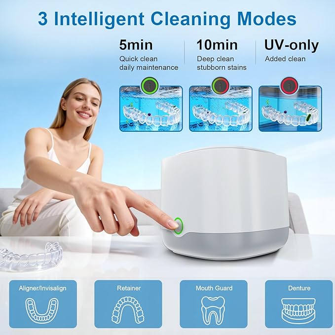 Ultrasonic Retainer Cleaner, 45kHz Retainer Cleaner Machine 4000mAh for Denture, Night Guard, Mouth Guard, Aligner, Brace 24W Dental Cleaning Pod with 4 UV Lights, 200ml Multiple Cleaning Modes