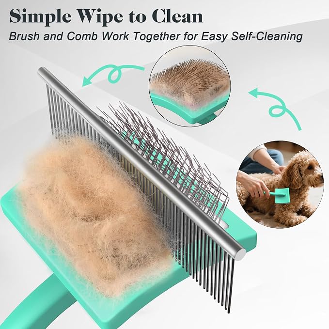 2PCS Slicker Brush for Dogs & Pet Comb,Professional Dog Grooming Brush (Goldendoodles,Poodles,Labradoodles) with Extra Long Pins to Effectively Remove Tangles, Knots and Mats (Cyan, Large)