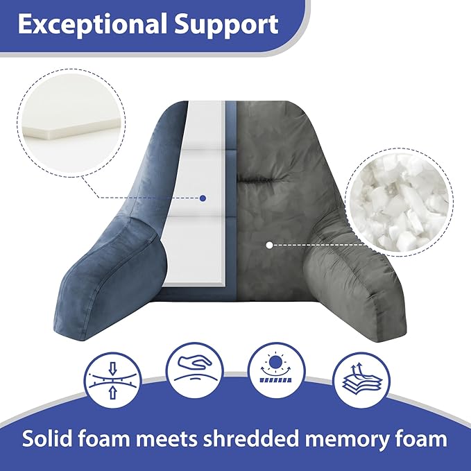 Reading Pillows for Sitting in Bed Adult, Back Pillow for Bed Sitting Up, Backrest Pillows with Shredded Foam for Adult&Teens, Support Pillow with Arms for Beds, Couch, Floor, 20in, Navy Blue