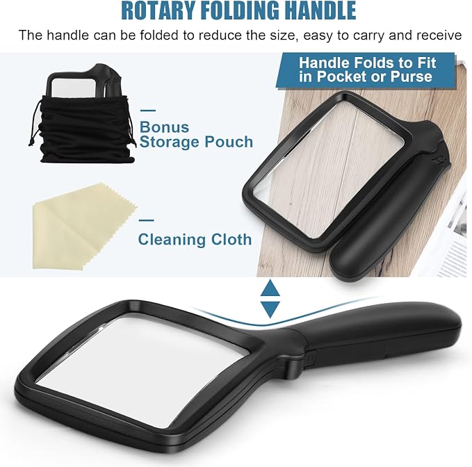 Folding Handheld Magnifying Glass with Light, 5X Large Rectangle Reading Magnifier with Dimmable LED for Seniors with Macular Degeneration, Newspaper, Books, Small Print, Lighted for Low Visions Black