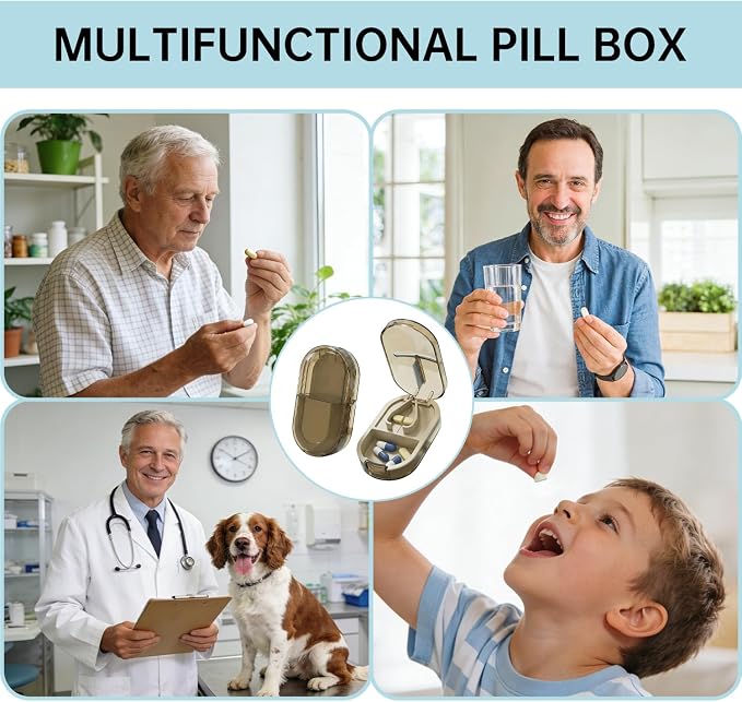 Pill Cutter Splitter for Small or Large Pills, Portable Pill Splitter with Hidden Professional Organizer and Brush, Tablet Cutter Medicine Slicer, Coupe Pilule for Tablets and Vitamins(Brown)
