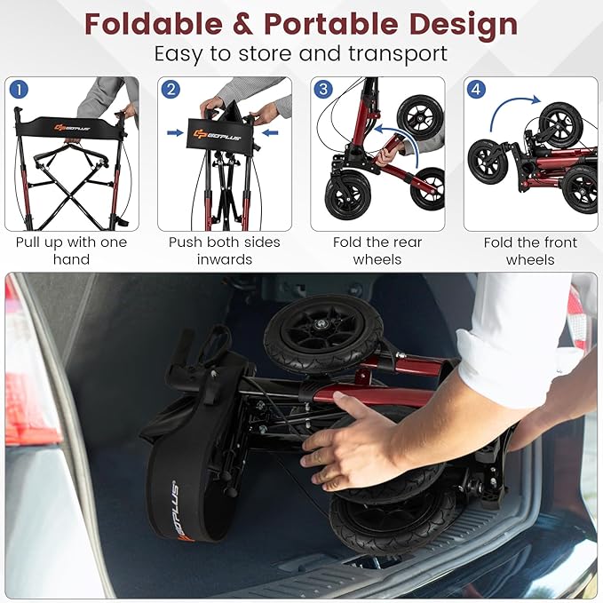 Goplus Walkers for Seniors with Seat, 2 in 1 Folding Rolling Rollator Walker with 9" Pneumatic Tires for All Terrain, Height Adjustment, Ergonomic Backrest, Aluminum Adult Mobility Walking Aid