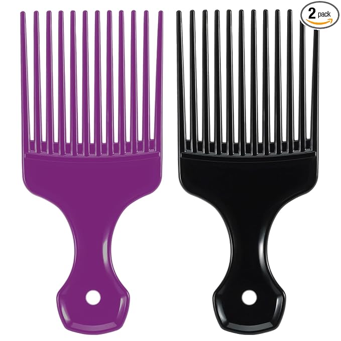 SIMPOR 2 Pcs Hair Pick Comb Wide Tooth Lift for Hair Styling Detangling, Plastic Afro Pick for Women Men, Fist Picks for Curly and Afro Hair (Purple, Black)