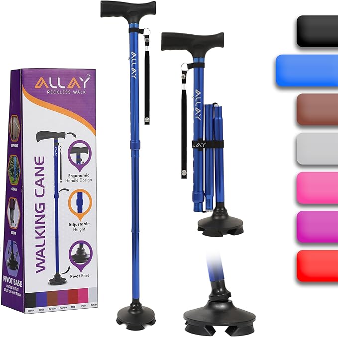 Allay Walking Cane for Men & Women - Foldable, Adjustable, Collapsible Walking Canes for Seniors Balance, Free Standing, Pivot Tip, Heavy Duty, with Travel Bag | Walking Sticks for Seniors & Adults