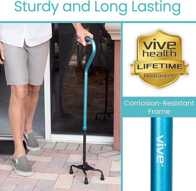 Vive Quad Cane - Walking Stick for Men and Women - Lightweight Adjustable Staff - Comfortable Right and Left Hand Grip for Stability Support - Four Prong Sturdy Aluminum Travel Aid - 4 Tip Blue