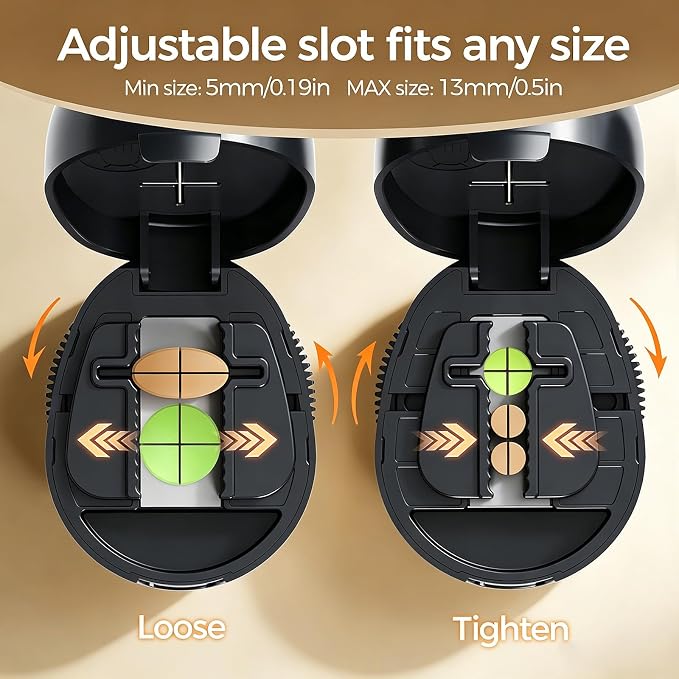 Adjustable Pill Cutter Splitter for Small and Tiny Pills, 1/2 1/4 Pill Splitter for Small Pills Vitamins Tablets, Accurate Alignment & Easy Cutting, Hidden Sharp Blade, Bottom Storage (Black)