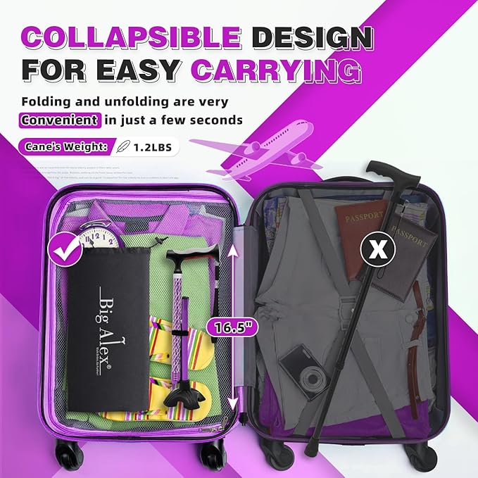 BigAlex Lightweight Collapsible Walking Cane with Soft Comfortable TPR Handle for Seniors and Elderly Adults, Larger Handle for Comfort, Adjustable Support Stick, Portable Travel Aid for Men & Women
