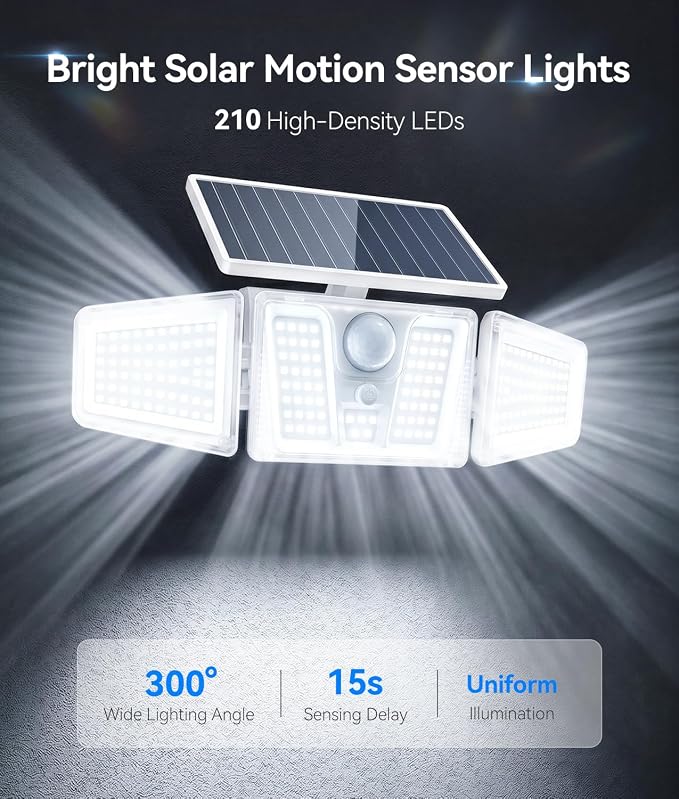 KOOPER Solar Flood Lights, 210 LED Motion Sensor Outdoor Lights, Solar Motion Lights Outdoor Waterproof, 3 Heads 300° Wide Angle Outdoor Security Lights for Yard Patio Garage Entryways, 4 Pack, White
