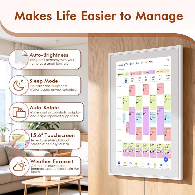 15.6" Digital Calendar - Touchscreen Smart Family Planner & Chore Organizer | Sync Google/iCloud, No Subscription, Chore Chart Reward System, Meal Planner, Digital Photo Frame, Gift for Mom, White