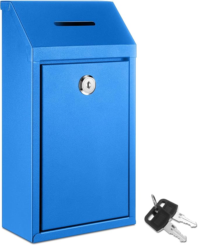 Yaocom Metal Money Box,Blue,10.24 x 5.71 x 2.95 Inch,No Lid | Wall Mounted Drop Donation Cash Box for Farm Stand Collection Safe Suggestion Box with Lock Container for Home Office Outdoor
