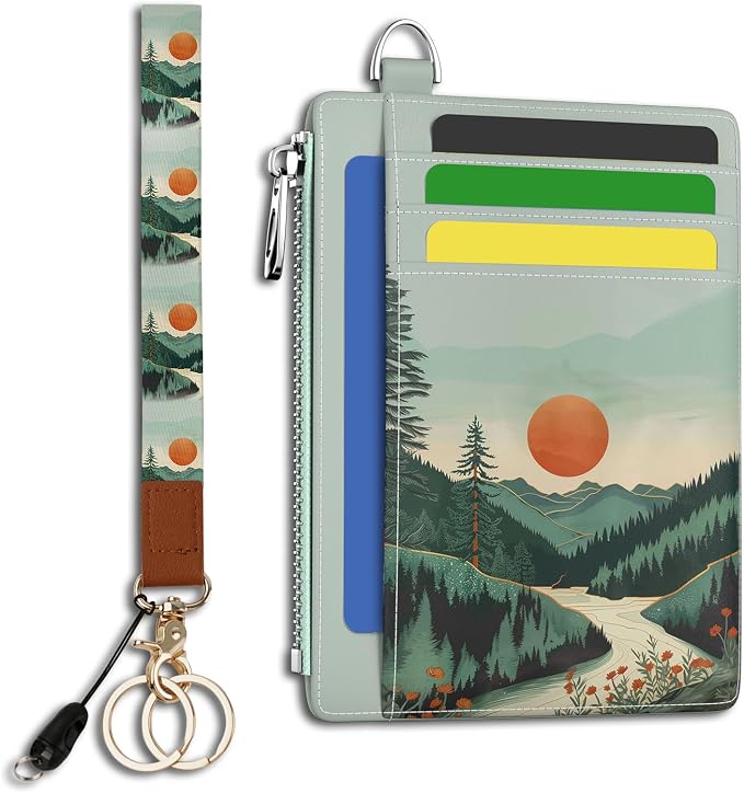 Hancynir Mountain Small Wallet Women Credit Card Holder, Wristlet RFID Cute | Keychain Wrist Lanyard Wallet, Travel Zipper Coin Pocket, Ladies Gifts Women, Minimalist Card Case, 6 Card Slots, PU Leather