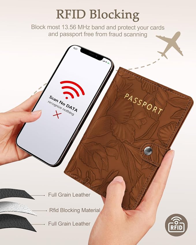 Slohif Elegant RFID Passport Holder for Travel with AirTag Rust Brown | Floral Embossed Passport Wallet for Women, Slim Vegan Leather Travel Organizer with Money Pocket and Card Slots