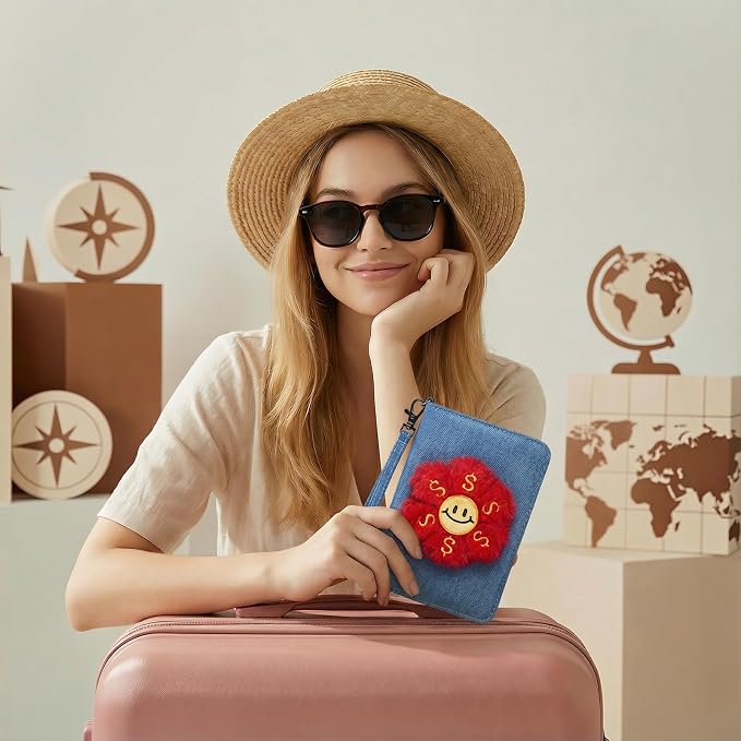 Passport Cover, with Doller Flower Design, Red Floral Plush Doll Cover Passport Wallet, Decorative Wrist Srap, Artificial Pearl Wristlet Band, Smiley Face, Denim Passport Holder