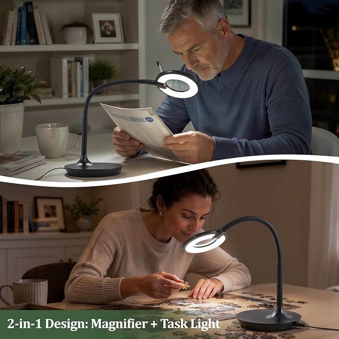 3X+6X Magnifying Glass with Light and Stand, Dimmable LED Magnifying Lamp | Flexible Gooseneck, Hands Free Magnifier, Magnification Lamp for Elderly Craft Hobby Painting Sewing Close Work,Weighted Base