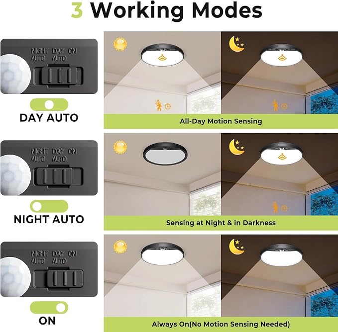 hepside 2 Pack Motion Sensor Ceiling Light Wired, 3000K/4000K/6500K LED Flush Mount Ceiling Light Fixture, 7Inch 15W Motion Sensor Light with Timer for Closet Stair Porch Hallway Pantry,Black