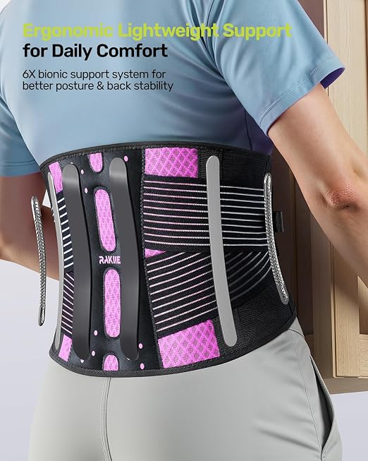 Rakiie Slim Back Brace for Lower Back Pain Relief, Lightweight & Breathable Back Support Brace for Men Women, Ergonomic Light Lumbar Support for Everyday Wear, Pink XL