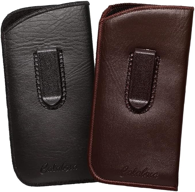 Calabria Slim Faux Leather Eyeglass Case Soft Slip-In Design [Black & Brown - 2 Pack] | Compact Protective Pouch | Soft Case for Glasses | Lightweight Sunglass Storage