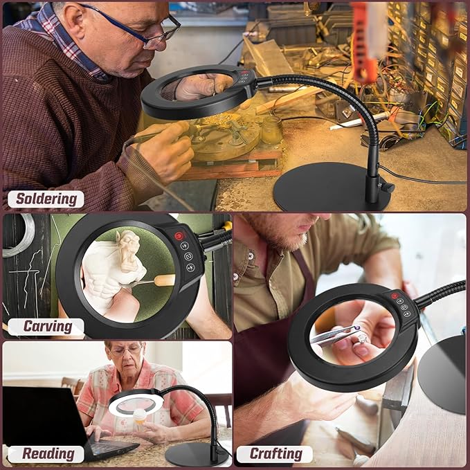 10X Magnifying Glass with Light and Phone Holder, 5 Color Modes Stepless Dimmable LED Lighted Desk Lamp with Stand, Hands Free Magnifier with Flexible Goose-Neck for Craft Hobby Painting, Black