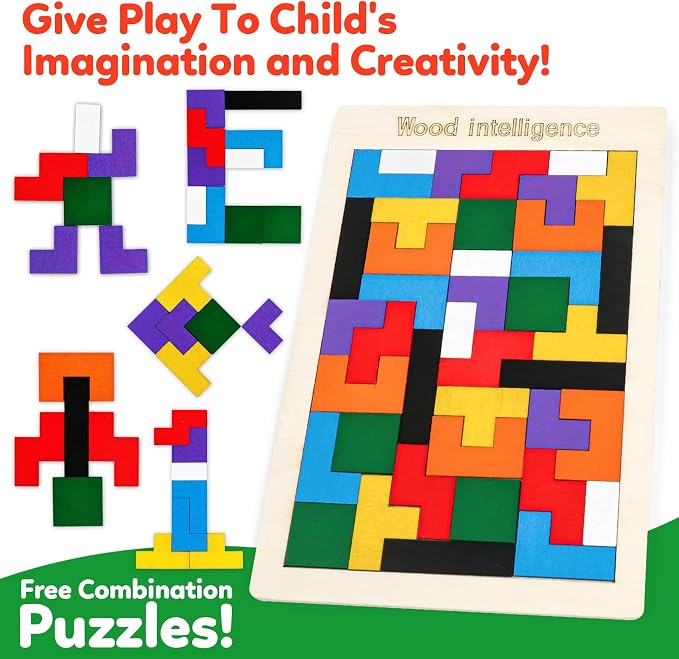 Wooden Brain Teaser Puzzles,Montessori Tangrams Pattern Blocks Logic Board Geometric Shapes Jigsaw Puzzle Games for Kids Ages 3-5,4-6(3Pack)