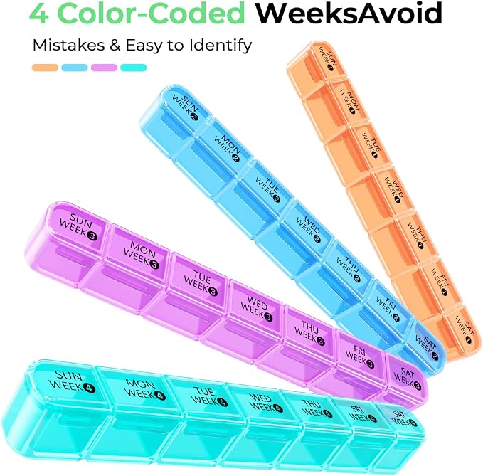 Daviky Monthly Pill Organizer 28 Day, 4 Week Pill Box with Removable Weekly Trays, Large BPA-Free Pill Organizer for Vitamins, Supplements and Medication, Travel Pill Case with Storage Box, White