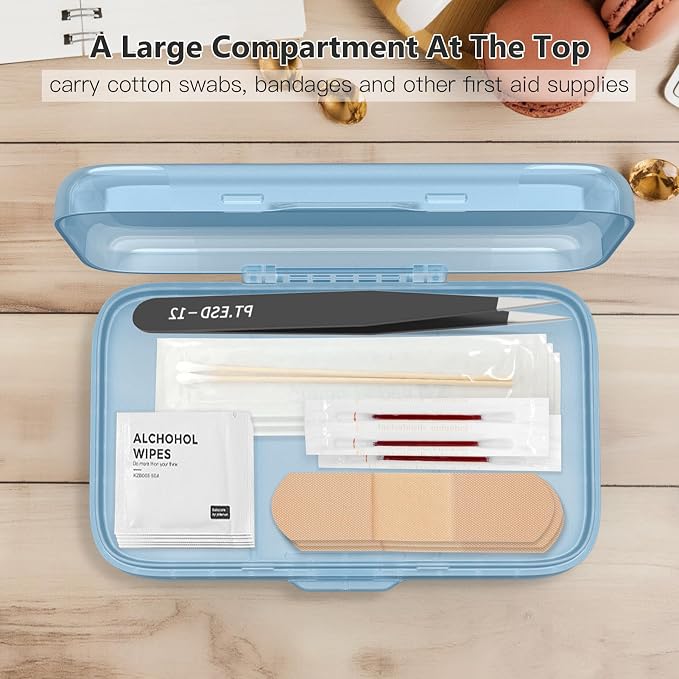 FYY Weekly Pill Organizer with Labels,8 Compartments Travel Daily Pill Case Airtight Moistureproof Large Pill Box to Hold Vitamins, Fish Oil, Supplements,Cotton Swab and Bandages-Blue