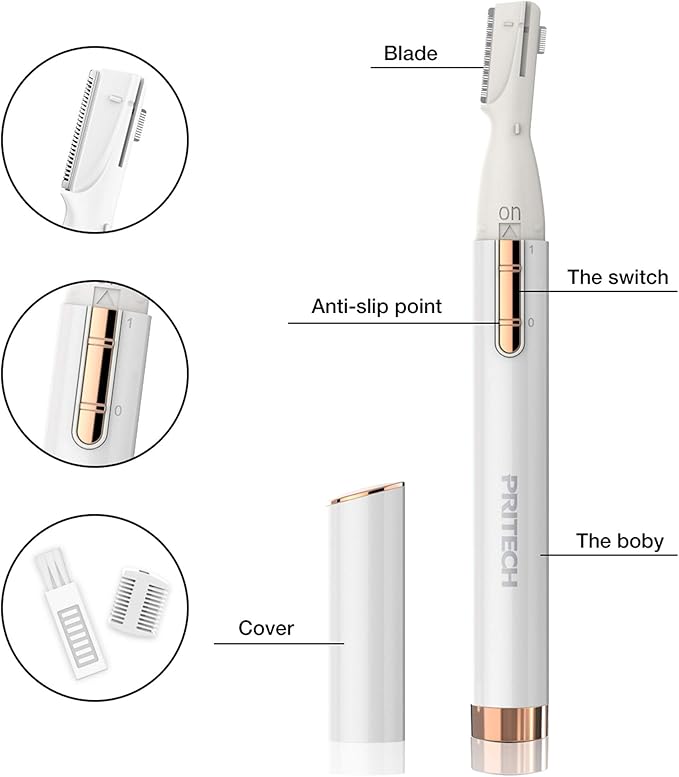 PRITECH Electric Eyebrow Trimmer - Facial Hair Remover Precision Razor | Painless Shaver with Comb & 2 Replaceable Blades - Battery Powered, Portable for Eyebrows Face Chin Neck Upper Lip Peach Fuzz