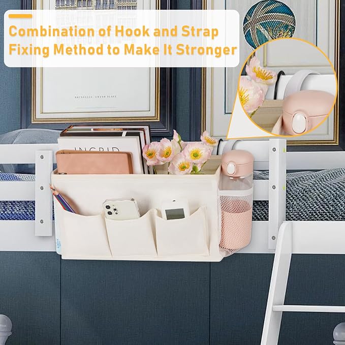Lilithye Bedside Caddy, Bedside Storage Bag Hanging Organizer for Bunk Bed | Bed Caddy with Fixed Straps and Water Bottle Holder for Home, College Dorm, Bunk Bed, Hospital Bed and Crib Bed Rails