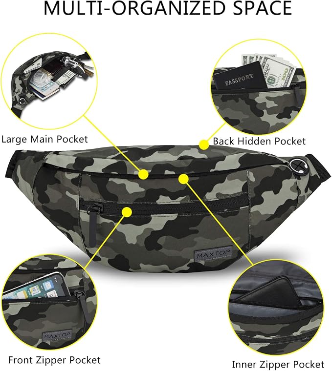 Large Camo Green Fanny Pack Hands-Free Belt Bag Carrying All Size of Phones | 4-Zipper Pockets,Polyester,Gifts for Enjoy Festival Sports Workout Traveling Running Casual Hands-Free Waist Pack Belt Bag