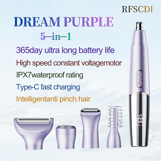 5-in-1 Rechargeable Nose & Eyebrows Hair Trimmer - IPX7 Waterproof Dual Edge Grooming Kit for Men & Women, Perfect for Hair Removal of Nose, Facial, Arm, Bikini, and Ear Hair (Purple)