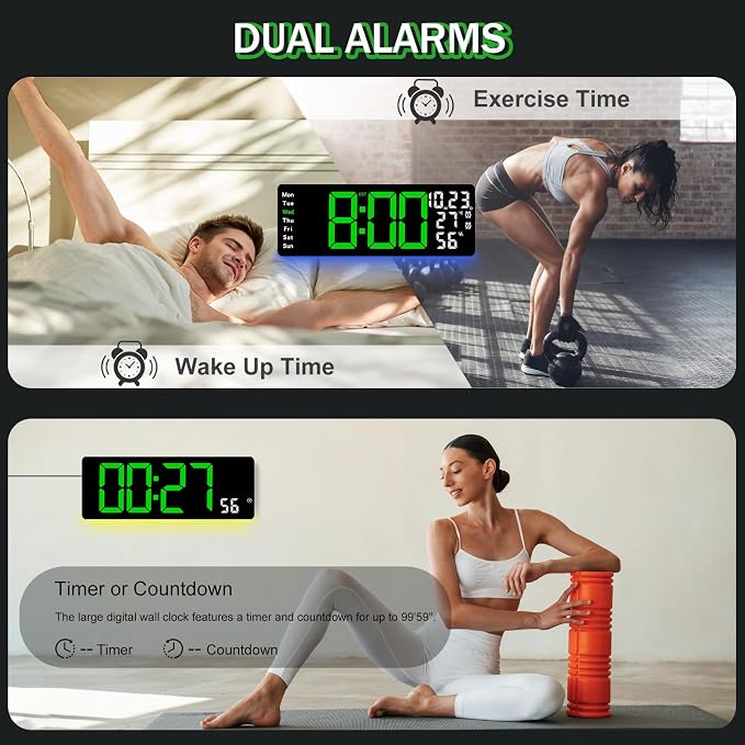 JoFomp 17.3" Large Digital Wall Clock, LED Digital Clock Large Display with Remote Control, Alarm Clock with Temp/DST/Dimmer/Humidity/Timer/Ambient Light - 12/24H, Alarm Wall Clock for Bedroom