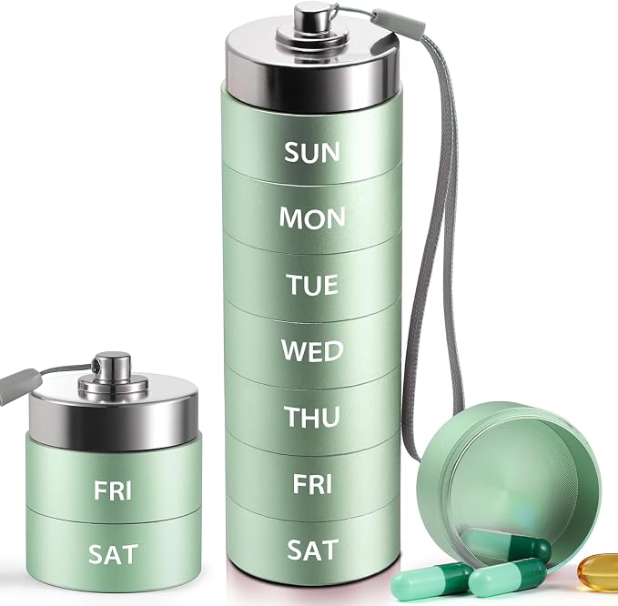 Metal Weekly Pill Organizer, Large Travel Pill Box, Portable Aluminum Alloy Waterproof Container, 7 Day Daily Medicine Organizer Holder for Vitamin, Fish Oil, Supplement, Mint Green