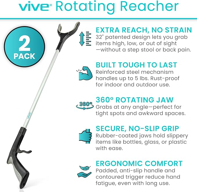 Vive Reacher Grabber Tool - 32" Extra Long Pickup Aid (2 Pack) - Trash Picker Upper, Rotating Hand, Heavy Duty Grip Arm - Reaching Assist for Litter, Elderly, Garden Nabber, Disabled, Handicap Arm | Picker Upper, Rotating Hand, Heavy Duty Grip Arm - Re...
