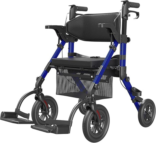 VOCIC Transport-Wheelchair-Lightweight-Foldable, Walker Wheelchair Combo, Rollator-Walkers-for-Seniors-with-Seat, 2 in 1 Rolling Walker, 300lb Adults 4 Wheel Transport Chair w/Brakes & Pouch