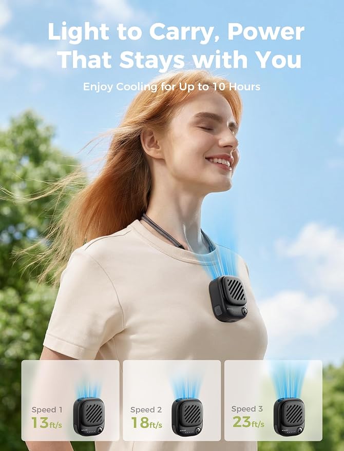 Aecooly Mini Portable Neck Fan, Mighty Hands Free Fan, Magnetic Fit | USB Rechargeable [10H Max Cooling Time], Personal Battery Powered, Pocket for Travel, Summer, Gifts for Women -Black
