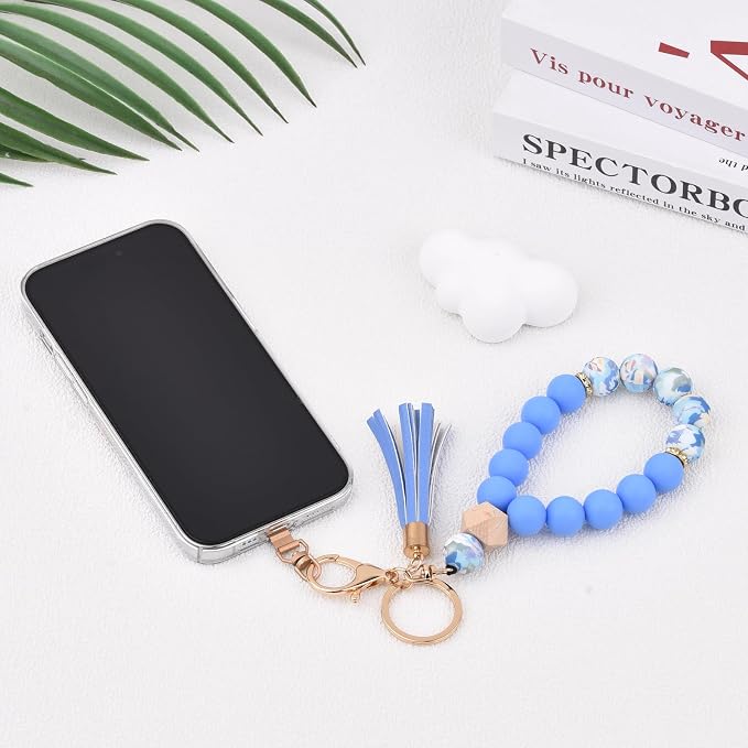 BAOSIWA Silicone Key Ring Bracelet Wristlet Keychain Unique Beaded Bangle Key Chains for Women with Leather Tassel